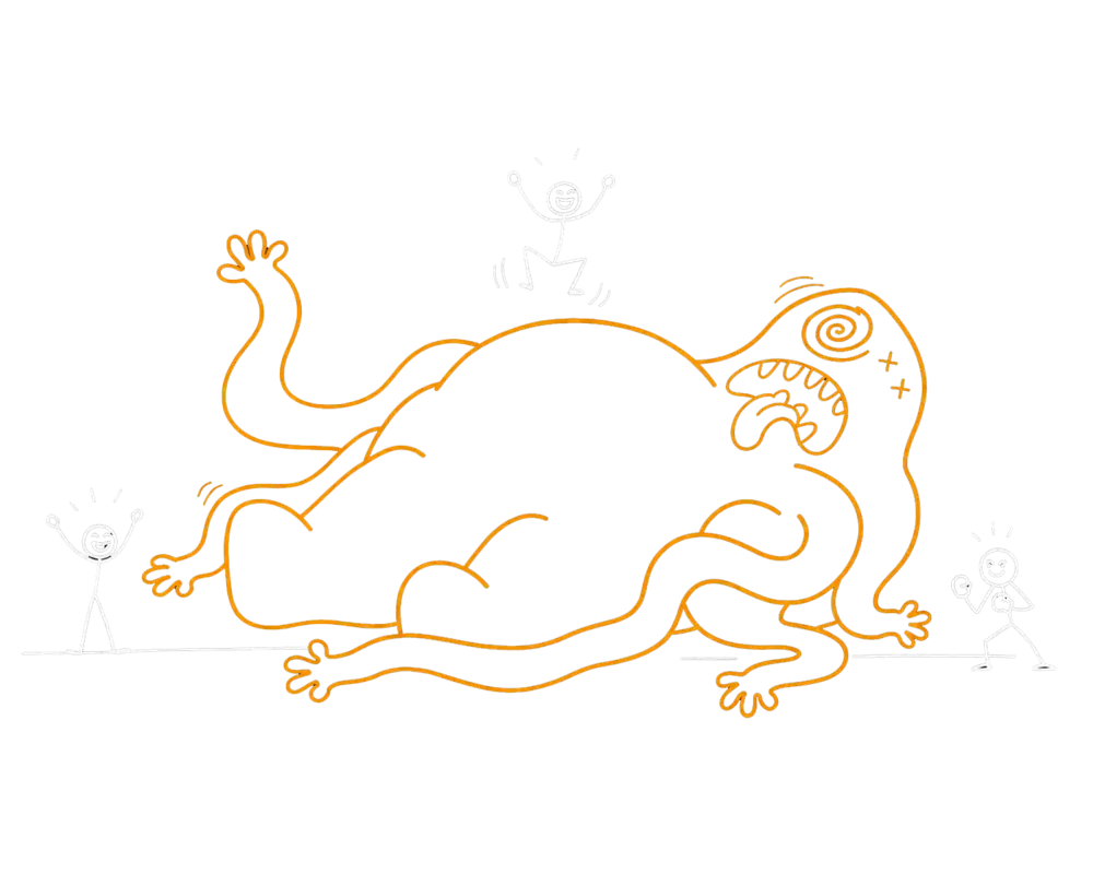 The moving-parts monster lying defeated on its back while stick figures celebrate.