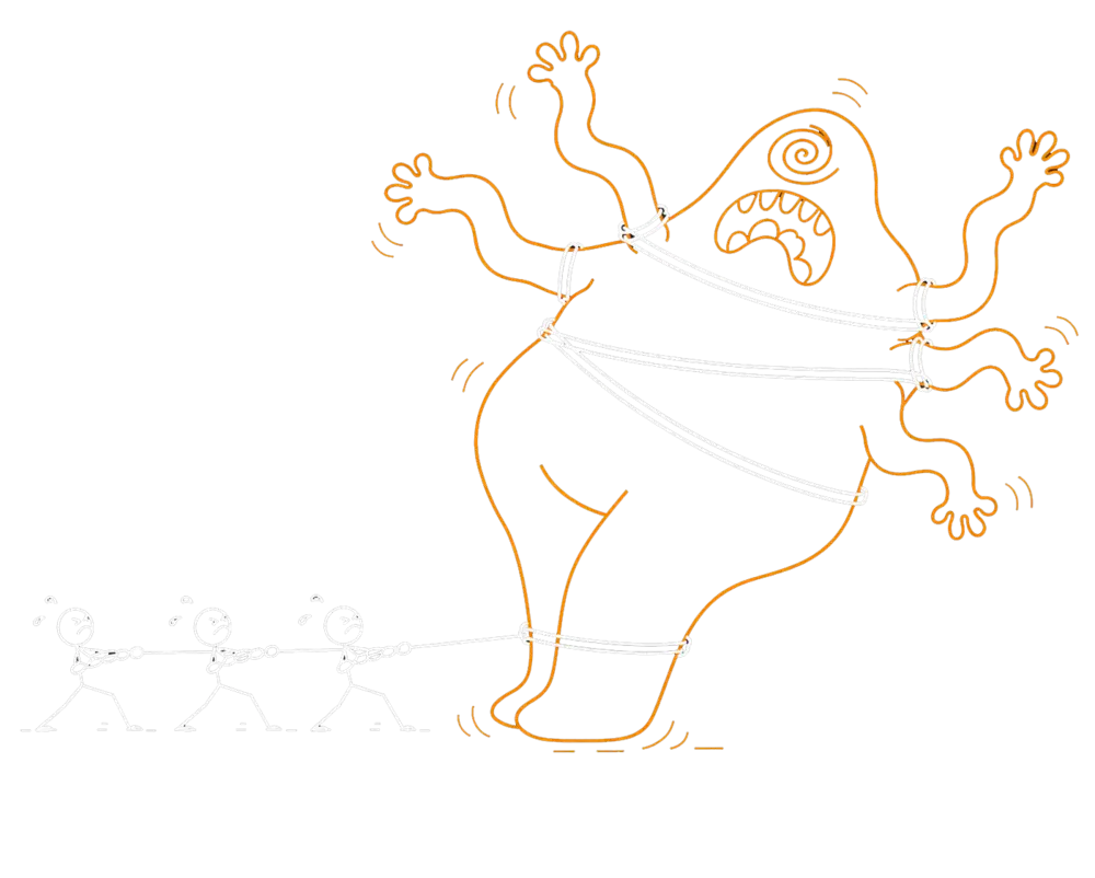 Stick figures working together to rope and tackle the moving-parts monster.